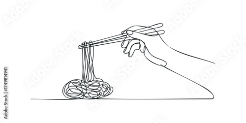 Hand holding chopsticks with tangled spaghetti