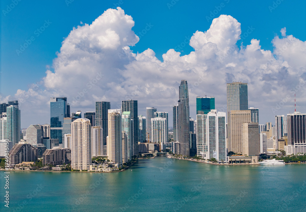 Fototapeta premium Scenic panorama of Miami financial district. Brickell in Miami city. Miami Urban landscape with iconic buildings. Miami cityscape.