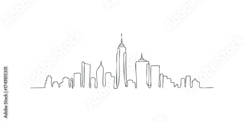 Continuous line drawing of a city skyline with diverse building heights