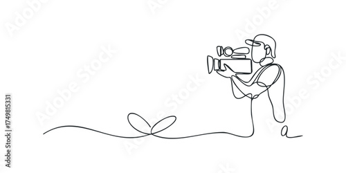 One line drawing of a person holding a vintage video camera