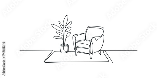 Minimalist outline of an armchair and potted plant