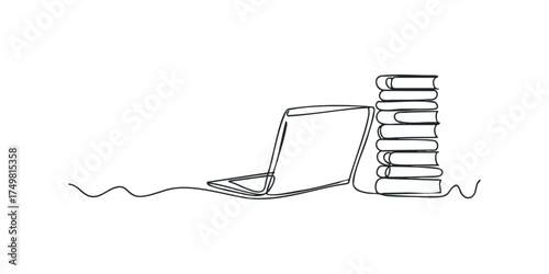 Continuous line drawing of a laptop next to stacked books