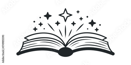 Open book with emanating stars and light rays
