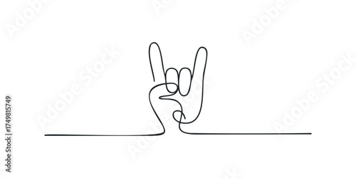 One line drawing of a hand making the rock on gesture