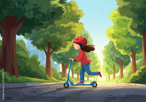 Energetic girl confidently riding a blue scooter on a sunny road