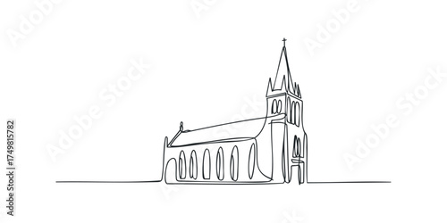 Single line drawing of a church structure with steeple