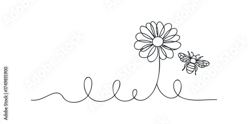 Single line drawing of a daisy and a bee
