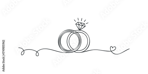 Two Diamond Wedding Rings with Flowing Line and Heart