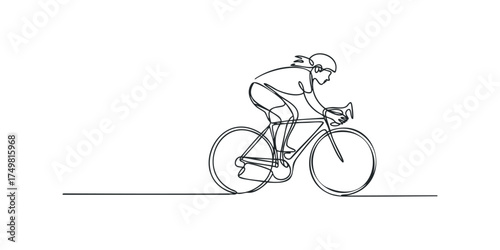 Line art cyclist with helmet on road bike