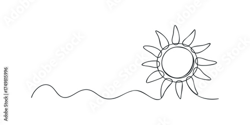 Line drawing of sun over wavy ground