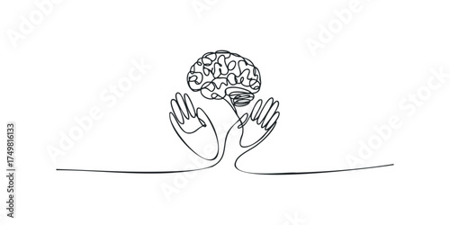 Line art of human brain cupped by hands