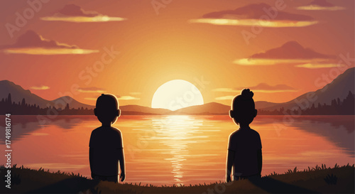 Two children silhouetted watching a stunning sunset over a tranquil lake