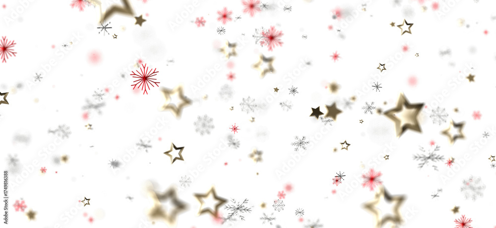 Obraz premium Festive abstract background with falling stars and snowflakes, perfect for Christmas and New Year designs. White background with golden stars,