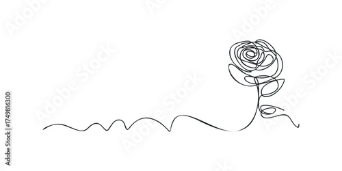 Continuous Line Drawing of a Single Rose with Wavy Stem