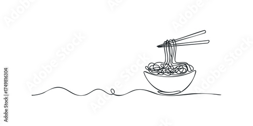 Single line drawing of noodles in bowl with chopsticks