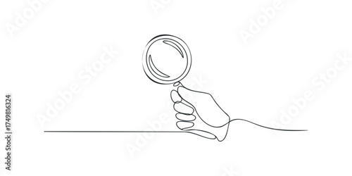 Single line drawing of hand holding magnifying glass