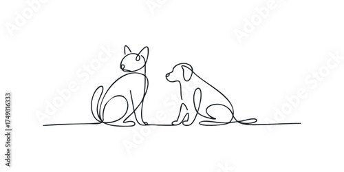 Two Dogs Sitting Together One Line Drawing