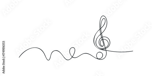 Single Line Drawing Treble Clef with Flowing Musical Notes