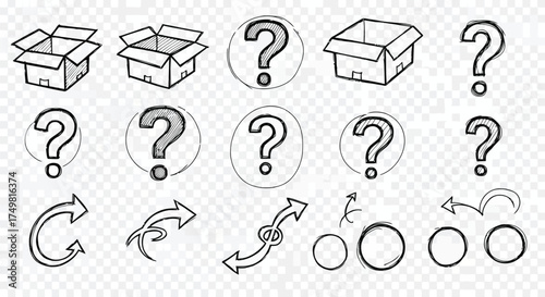Vector art of hand drawn doodle elements of box, question mark, and arrow for design use