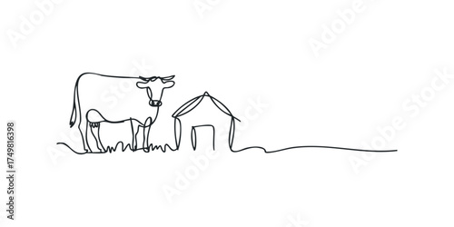 Line drawing of a cow standing next to a simple barn structure