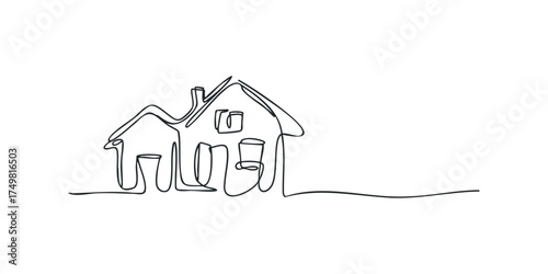 Continuous line drawing of a simple house with a chimney