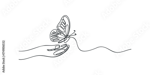 Continuous line drawing of butterfly on outstretched hand
