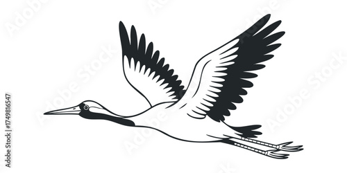 Black and white silhouette of a crane flying with wings spread