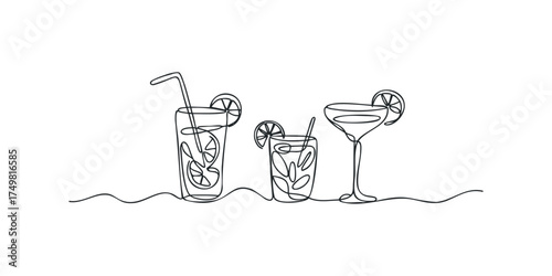 Three refreshing drinks with lime slices in continuous line drawing