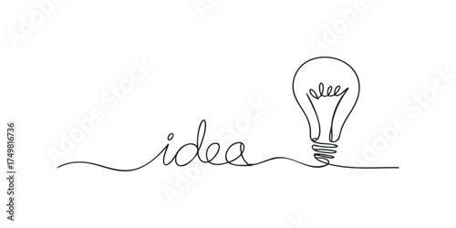 Single line drawing of a lightbulb with the word idea