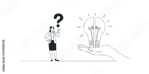 Woman questioning with light bulb idea presented by hand