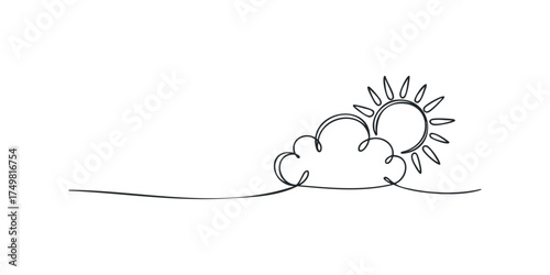 Continuous line drawing of sun behind a cloud