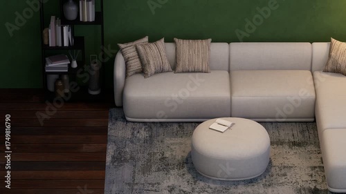 Part of the living room with a sofa and a floor lamp. 3D visualization.