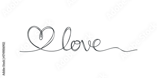 Heart and word "love" in a continuous black line graphic
