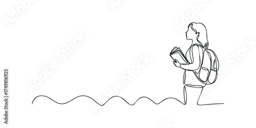 One line drawing of a young woman with backpack holding a book