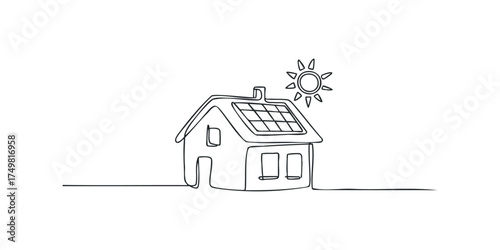 House with solar panel and sun line drawing