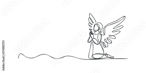Single line drawing of an angel with wings praying on knees