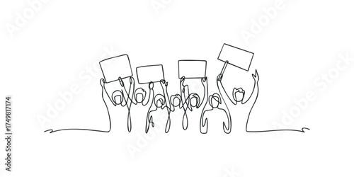Group Holding Blank Signs Protest Line Art