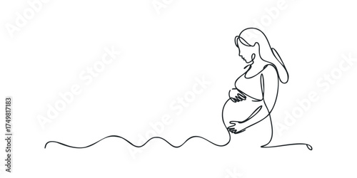 Continuous line drawing of a pregnant woman holding her belly