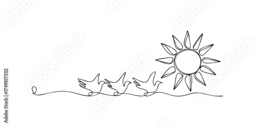 Line art flock of birds flying towards radiant sun