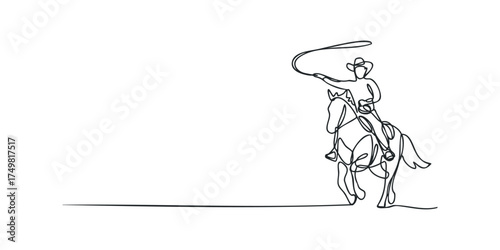 Single line drawing of a cowboy on a horse with a lasso