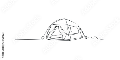 Single line drawing of a camping tent on white background