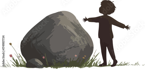 Child's Silhouette Beside a Large Boulder Amidst Sparse Green Grass