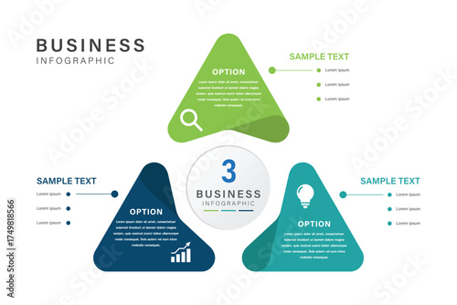 Triangular Business Infographic with 3 steps Segments and Central Circular Label