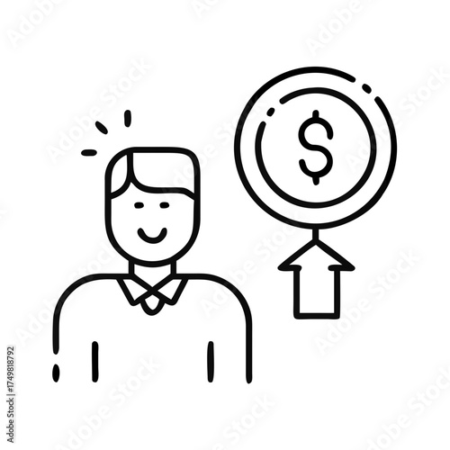 Man smiling next to dollar symbol with arrow indicating growth