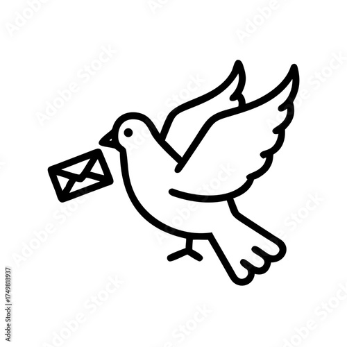 Dove carrying a letter in its beak as a concept of icon, vector, postal, mail  