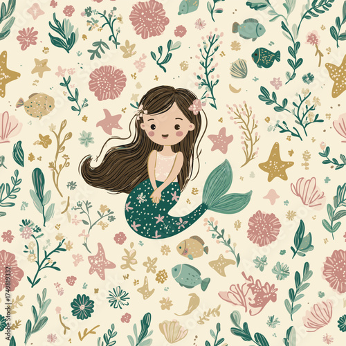 Mermaid pattern, girly mermaid underwater animals star fish, and flowers, baby fish and background cream