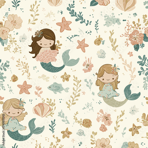 Mermaid pattern, girly mermaid underwater animals star fish, and flowers, baby fish and background cream