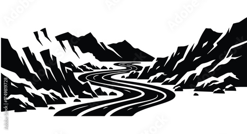 A serene mountain river flows gracefully through a stark landscape of jagged rocks, presented as a minimalist flat 2D vector illustration in striking black and white on a clean white background.