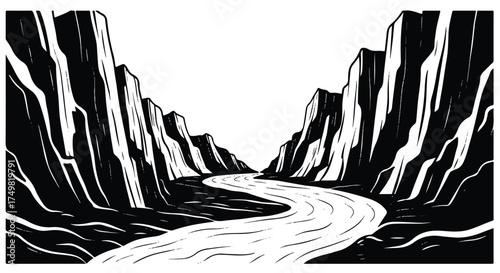 A flowing mountain river beautifully winds through steep cliffs in this clean 2D vector drawing, presented in a minimalist black and white style against a pristine white background.