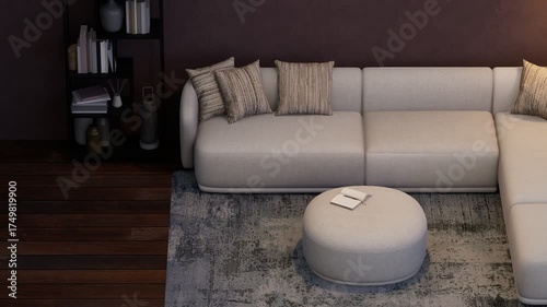 Part of the living room with a sofa and a floor lamp. 3D visualization.